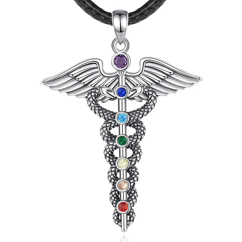 Caduceus Medical Symbol Necklace 24" | 60 (rope) Silver 925 Sterling Silver Snakes Store™