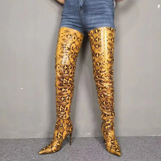 Yellow Snakeskin Thigh High Boots