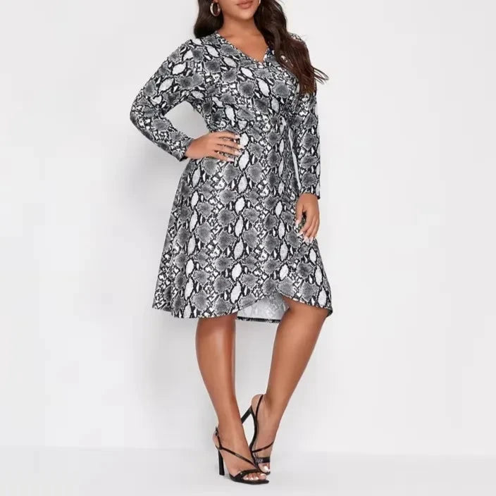 grey snake print dress 40s Grey Snake Print Bias Cut Dress Vintage Long Sleeve Formal Dress