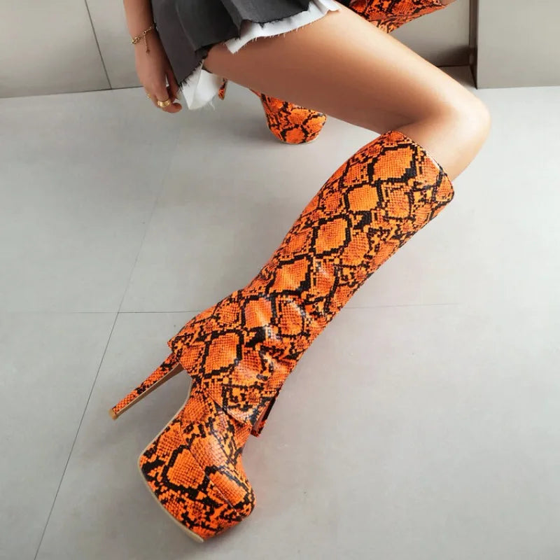 Orange Snakeskin Knee High Boots 10.5 43 Orange Microfiber