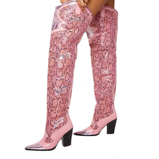 Pink Snakeskin Thigh High Boots