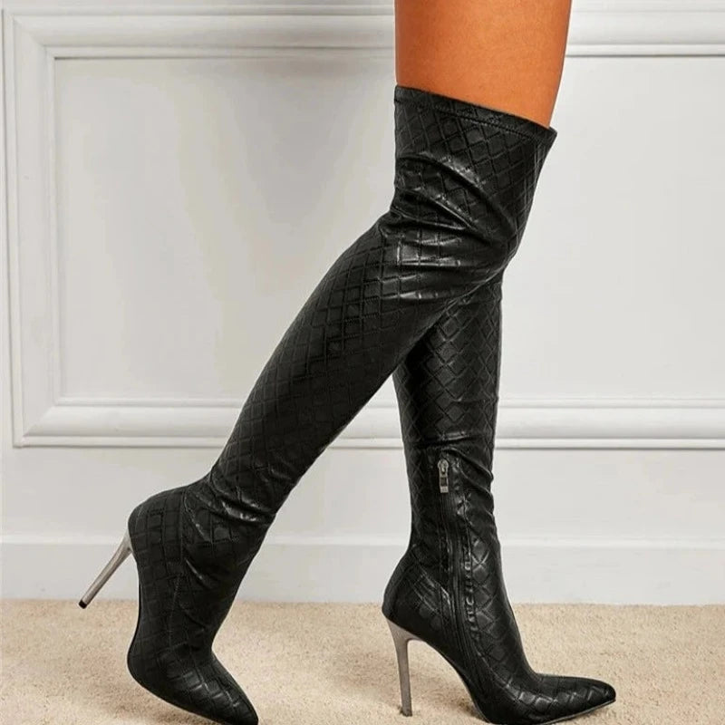 Over The Knee Snakeskin Boots 4 35 Black Microfiber