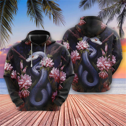 Snake and Flower In The Back Hoodie Blue Snakes Store