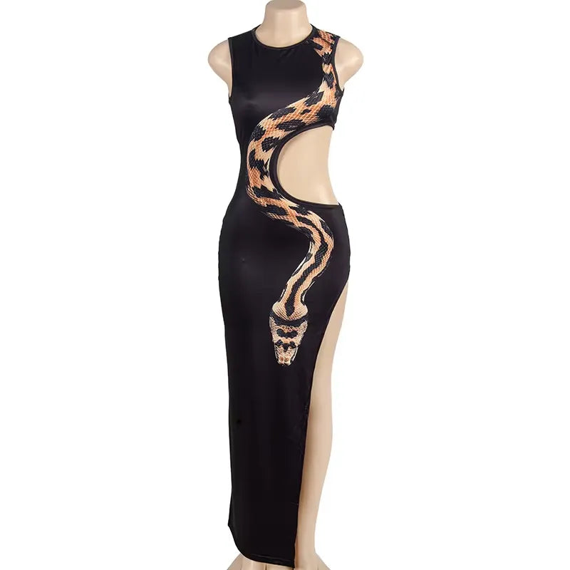 Snake Print Sexy Cut Out Waist Round Neck Slit Fitted Dress Snake Print Sexy Cut Out Waist Round Neck Slit Fitted Dress