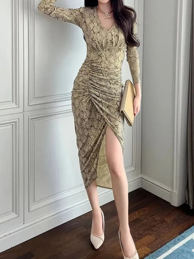 green emerald velvet dress LULU SNAKE PRINT MIDI DRESS WITH METAL DETAIL – AKIRA main image 1