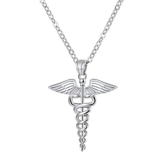 Caduceus Necklace Silver 20" | 50cm 316L Stainless Steel Snakes Store™
