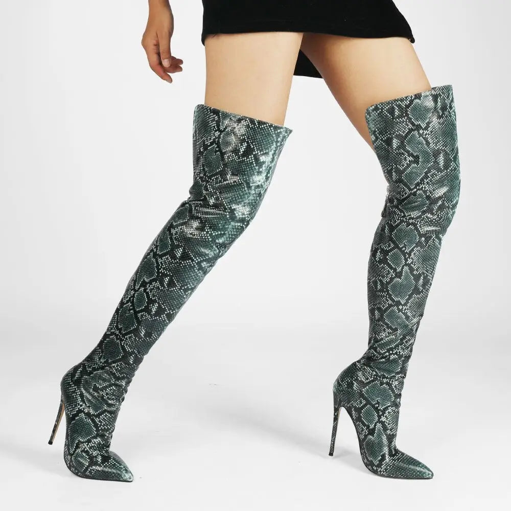 Snake Print Thigh High Boots Green Genuine Leather Snakes Store™