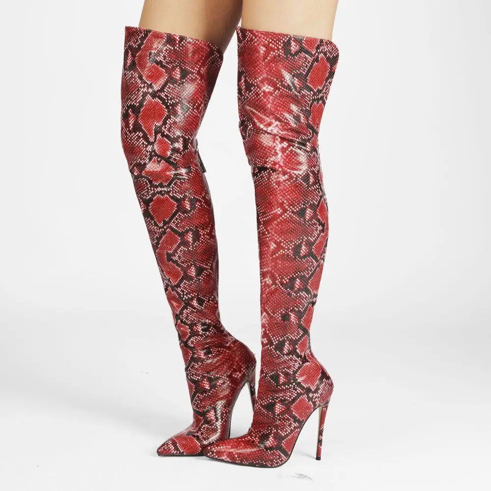 Snake Print Thigh High Boots Red Genuine Leather Snakes Store™