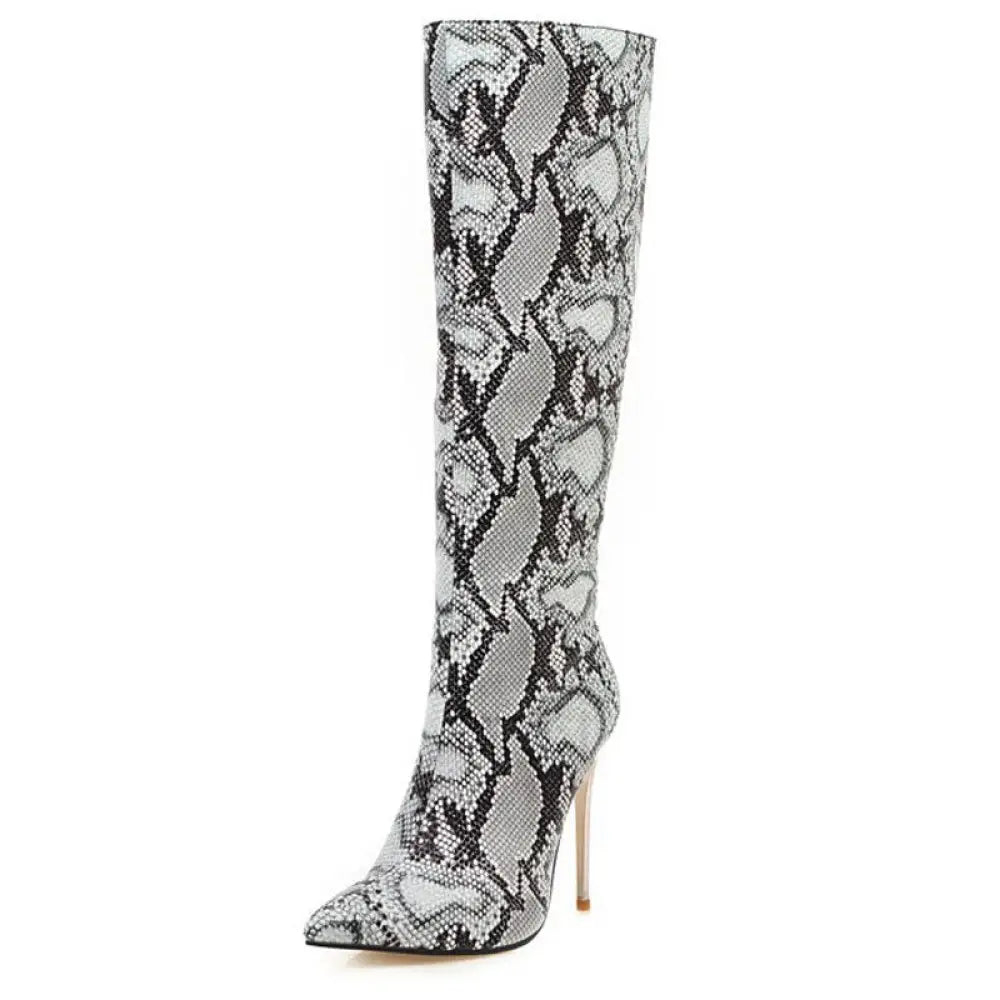 Snakeskin Knee High Boots White Genuine Leather Snakes Store™