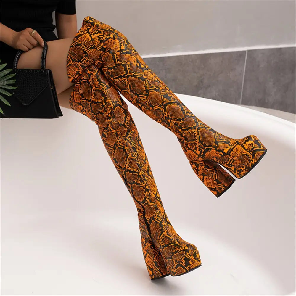 Snakeskin Thigh High Boots Wide Calf Orange Genuine Leather Snakes Store™