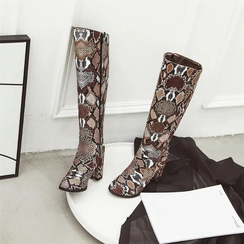 Brown Snake Print Knee High Boots | Snakes Store™