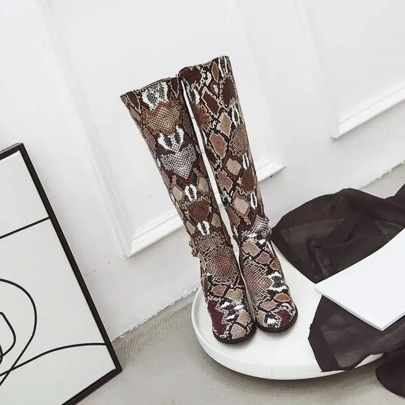 Brown Snake Print Knee High Boots Snakes Store