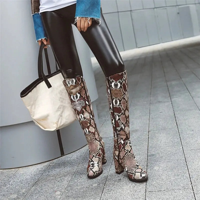 Brown Snake Print Knee High Boots Snakes Store