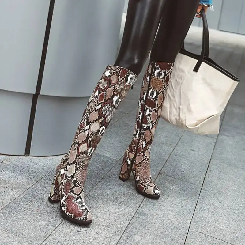 Brown Snake Print Knee High Boots Snakes Store