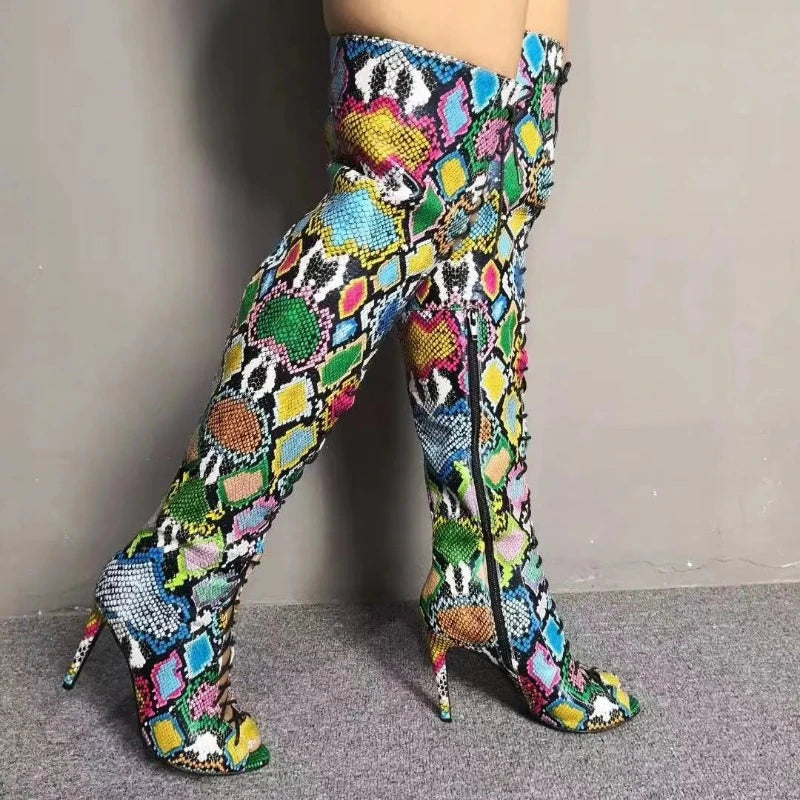 Colorful Snakeskin Thigh High Boots Colorful Microfiber Snakes Store