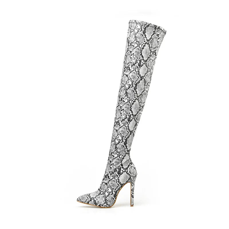 Black and White Snakeskin Thigh High Boots Snakes Store