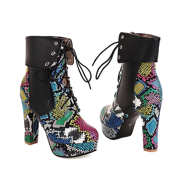 Colorful Snakeskin Booties Black PU Leather Snakes Store