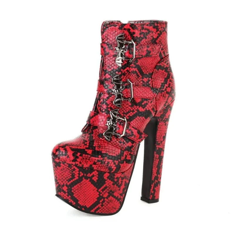 Chunky Heel Snakeskin Booties Red PU Leather Snakes Store