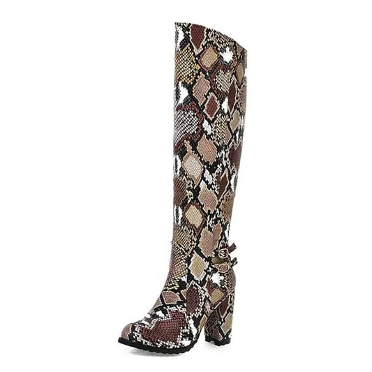 Brown Snake Print Knee High Boots Brown Microfiber Snakes Store