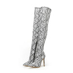 Black and White Snakeskin Thigh High Boots - Vignette | Snakes Store