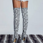 Black and White Snakeskin Thigh High Boots - Vignette | Snakes Store