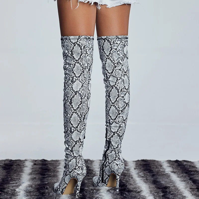 Black and White Snakeskin Thigh High Boots Snakes Store