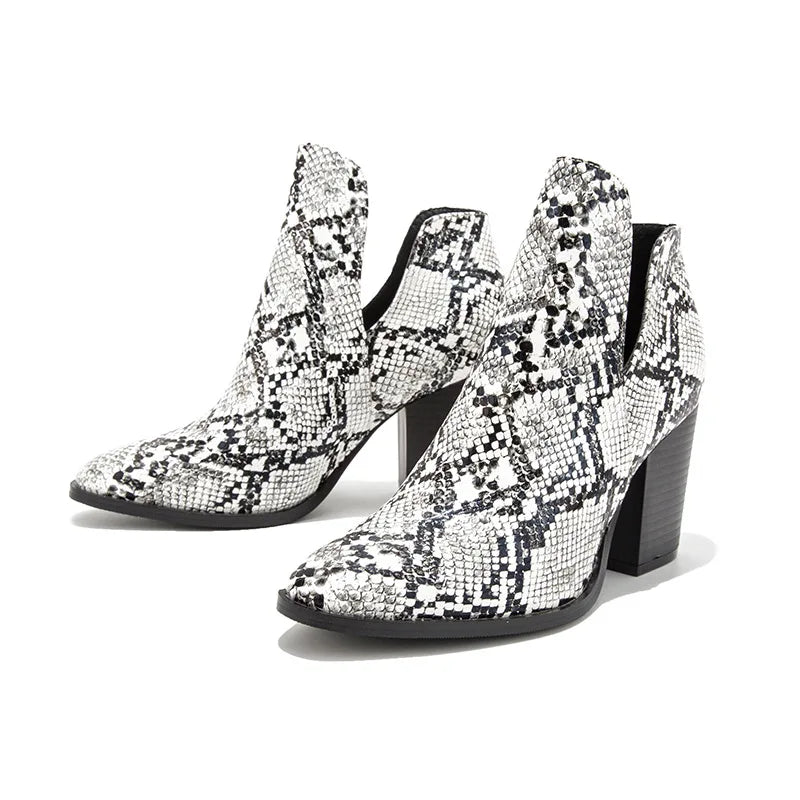 Snakeskin Booties Low Heel White PU Leather Snakes Store