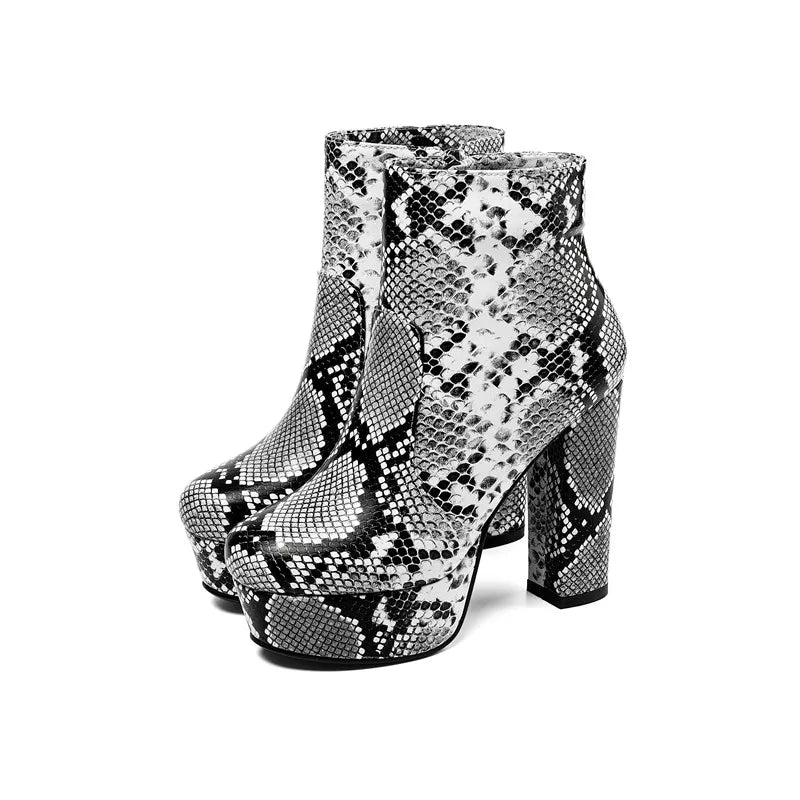 Snakeskin Block Heel Booties Grey PU Leather Snakes Store