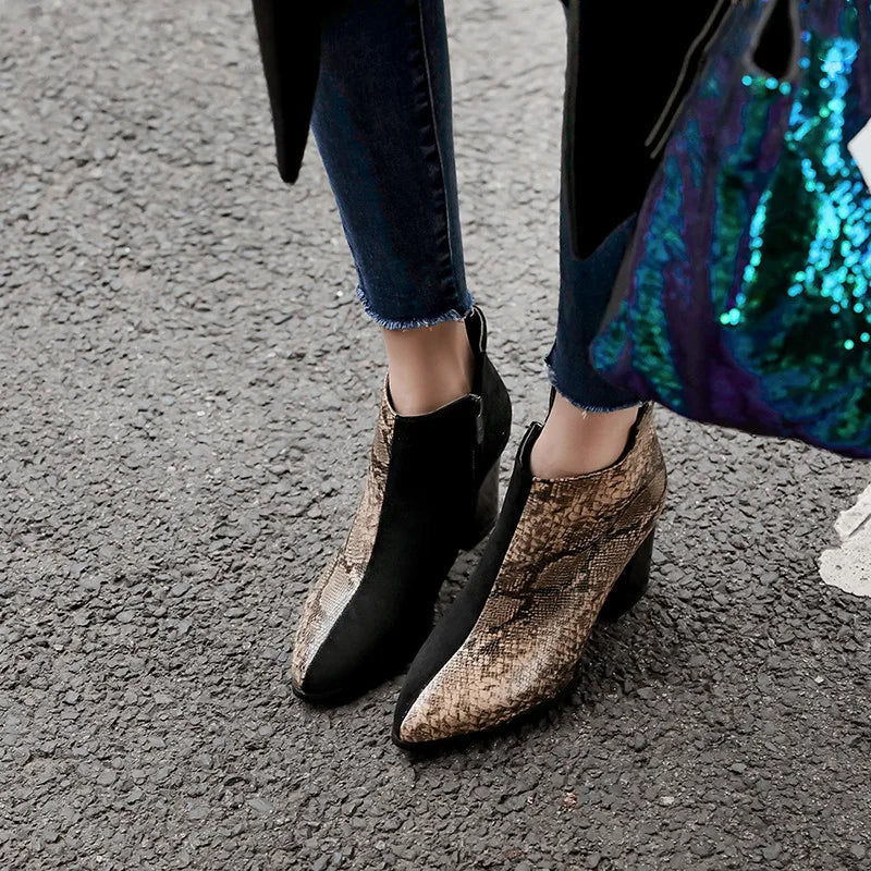 Brown and Black Snakeskin Booties Brown with Black PU Leather Snakes Store