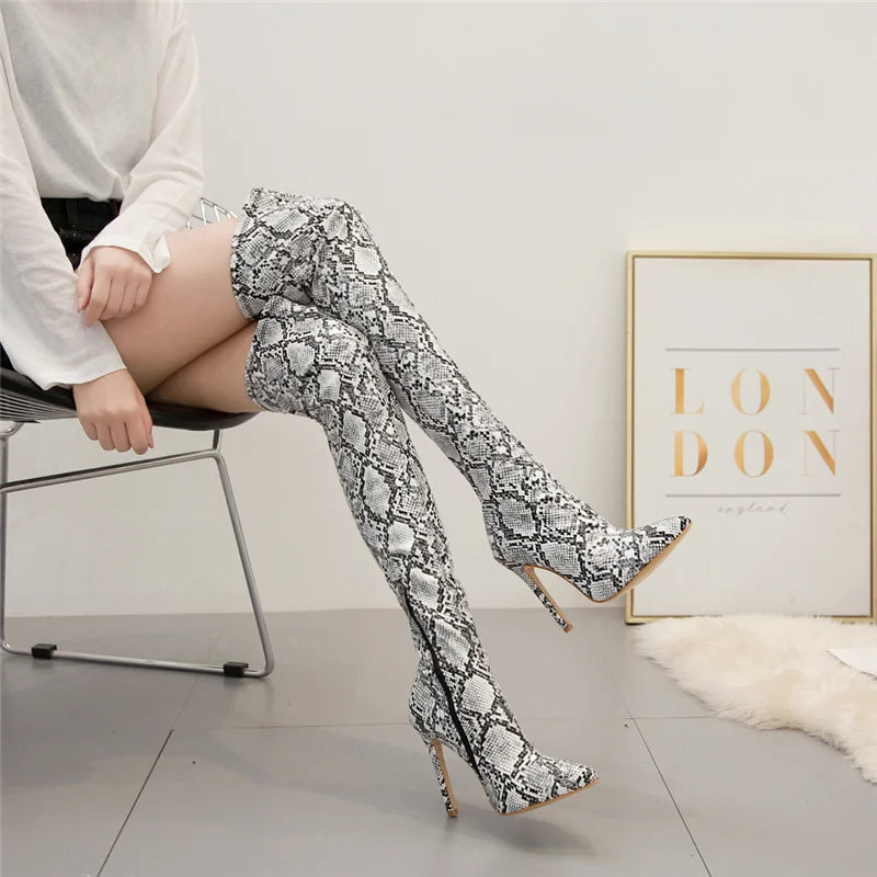 Black and White Snakeskin Thigh High Boots Snakes Store