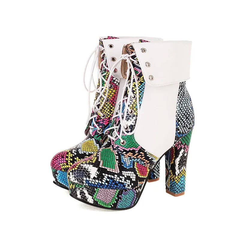 Colorful Snakeskin Booties White PU Leather Snakes Store