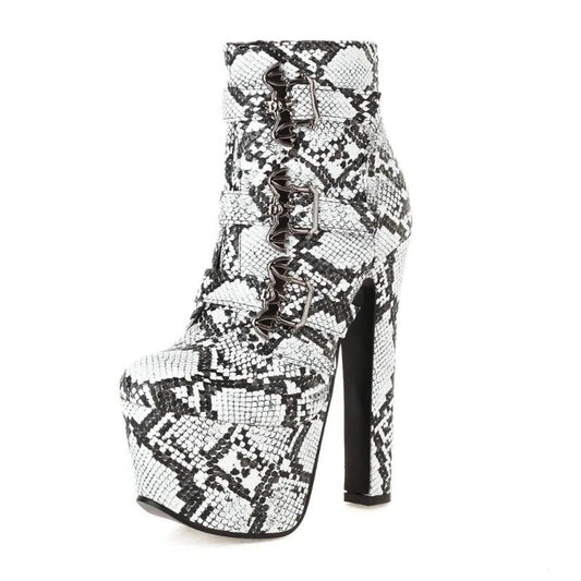 Chunky Heel Snakeskin Booties Grey PU Leather Snakes Store