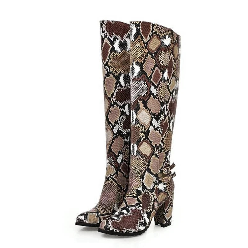 Brown Snake Print Knee High Boots Snakes Store