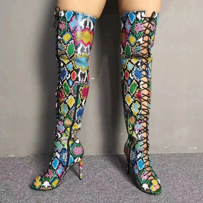 Colorful Snakeskin Thigh High Boots Snakes Store