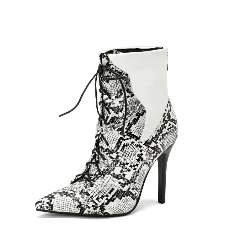 Snakeskin Stiletto Booties White PU Leather Snakes Store