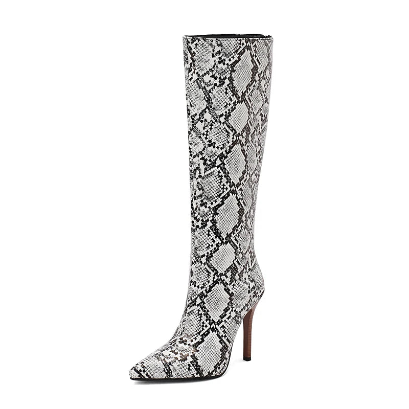 Faux Snakeskin Knee High Boots White Black Microfiber Snakes Store