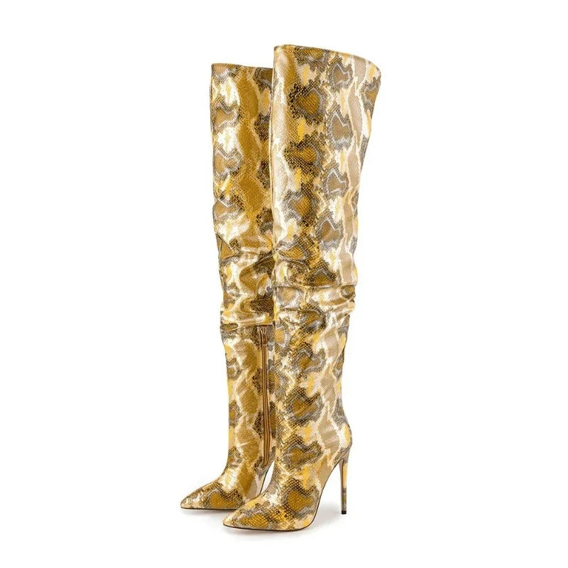 Yellow Snakeskin Thigh High Boots Yellow Microfiber Snakes Store