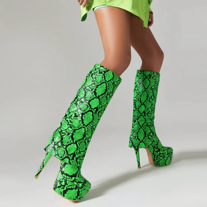 Green Snakeskin Knee High Boots Snakes Store