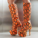 Orange Snakeskin Knee High Boots - Vignette | Snakes Store