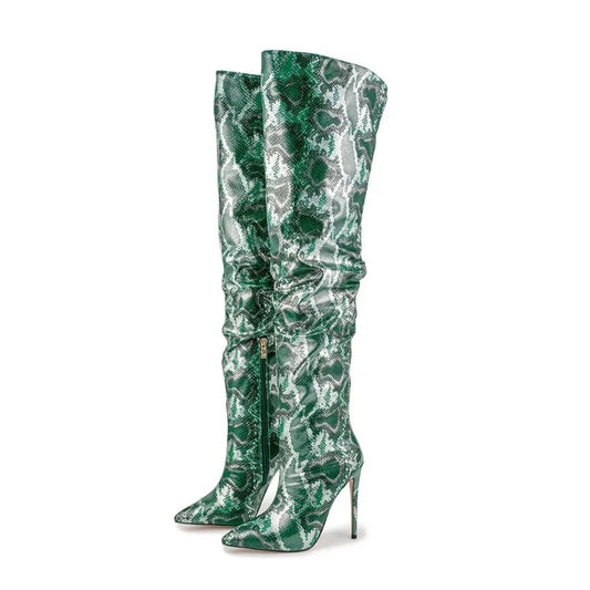 Blue snakeskin thigh high boots discount