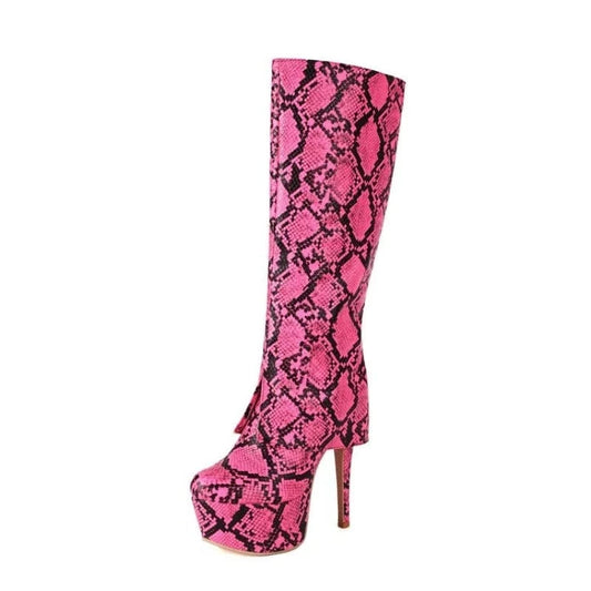 Pink Snakeskin Knee High Boots Pink Microfiber Snakes Store