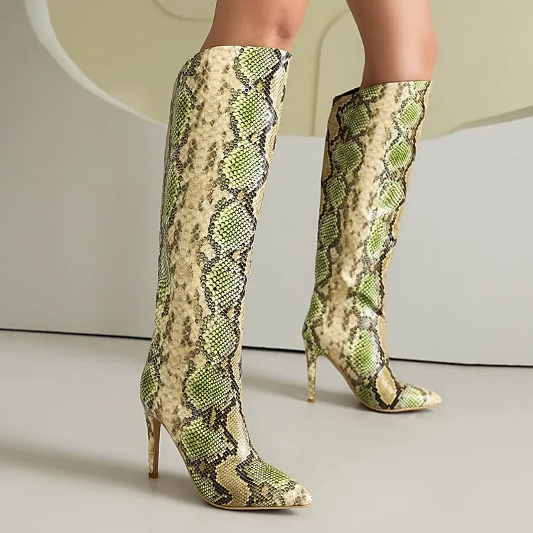 Snake Print Knee High Boots