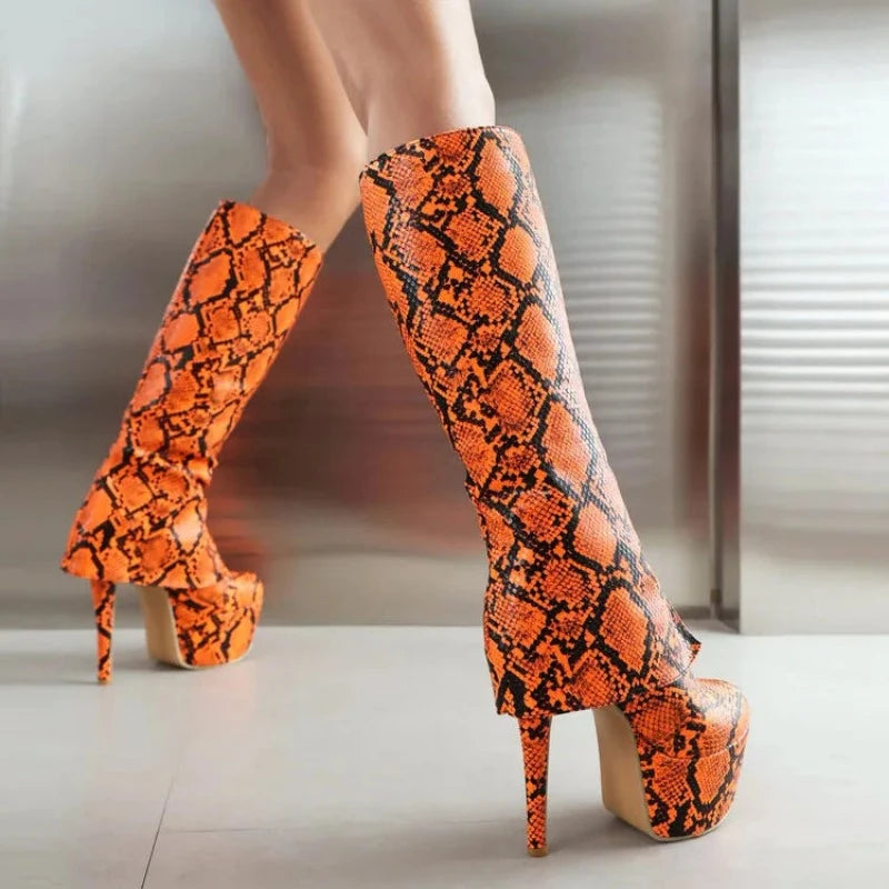 Orange Snakeskin Knee High Boots Snakes Store