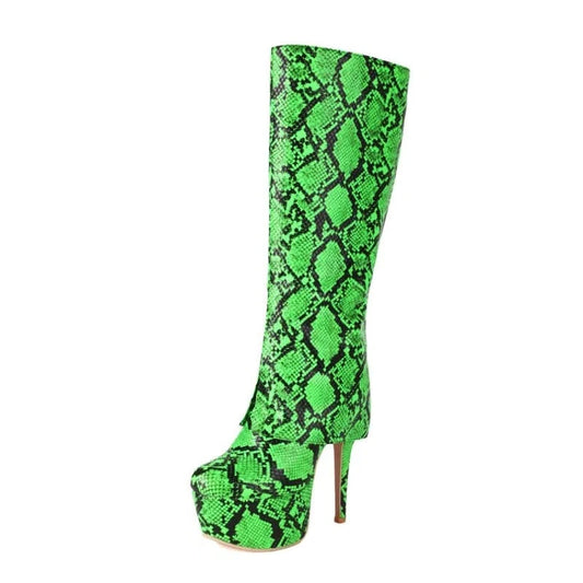 Green snakeskin thigh high boots discount