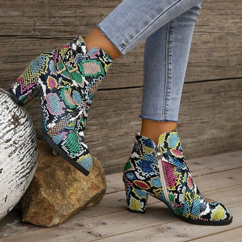 Buckle Snakeskin Booties Colorful PU Leather Snakes Store