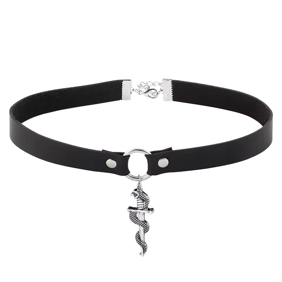 Black choker necklace with a silver snake pendant on a white background