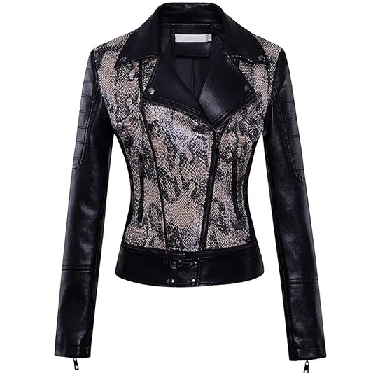 Snake Print Faux Leather Jacket Black Beige China Snakes Store™