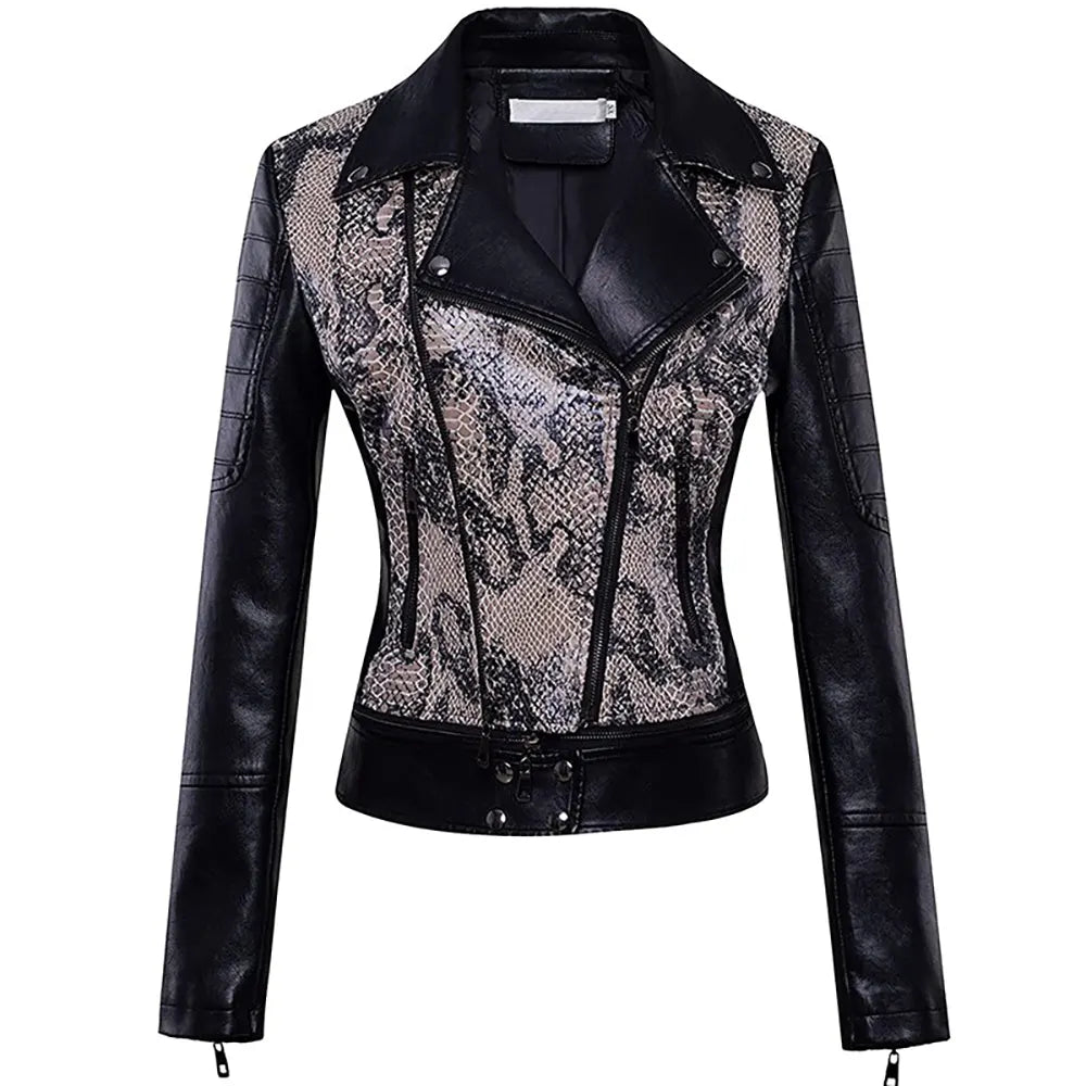 Snake Print Faux Leather Jacket Black Beige Snakes Store™