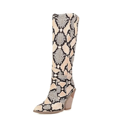 Womens Snakeskin Knee High boots Beige Genuine Leather Snakes Store™