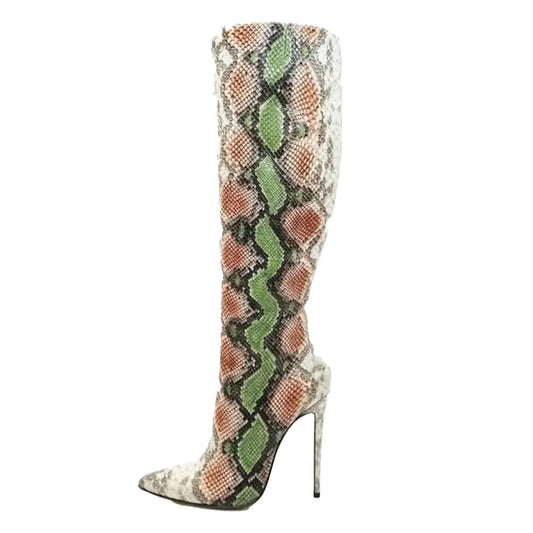 Snake Print Knee High Boots Green Snakes Store™